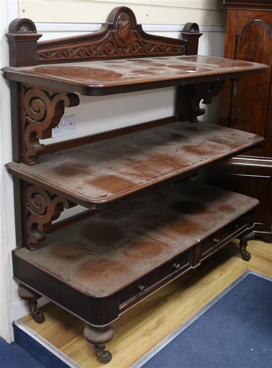 A Victorian mahogany three tier buffet, W.136cm